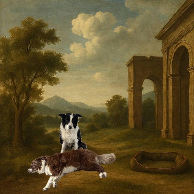 Dos border collies en posicion reminiscente al cuadro de la piedad, con fondo renascentista creado por AI