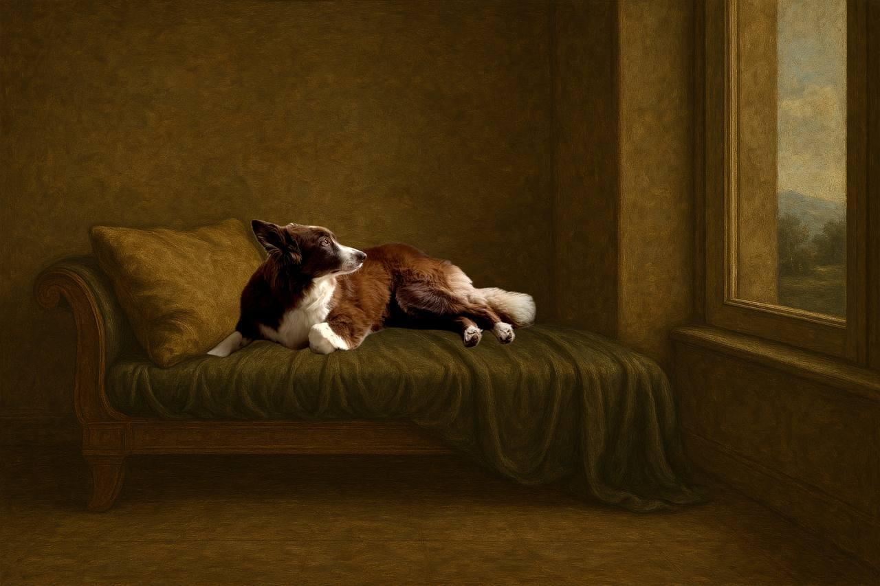 Border collie marron (dolli) en sillon (el sillon y todo el fondo es un cuadro en estilo renascentista)