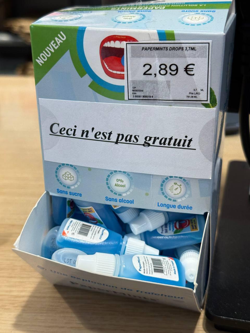 Goutes a la mente pour l'halitose, prix 2,89, avec une legente &nsbqceci n'est pas gratuit&nsbq