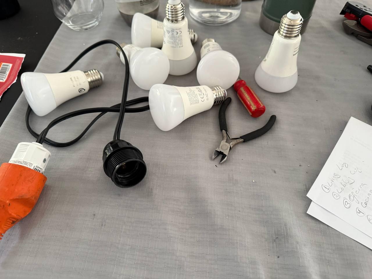 Collection if phillips hue bulbs and just home made testing rig with the tools used to make it